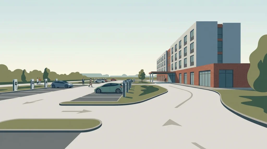 Redactionele illustratie van route en parkeren bij een casino naast een hotel in Dordrecht