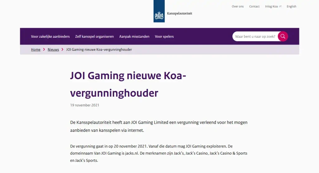 Ksa-bron over de vergunning voor JOI Gaming en JACKS.NL